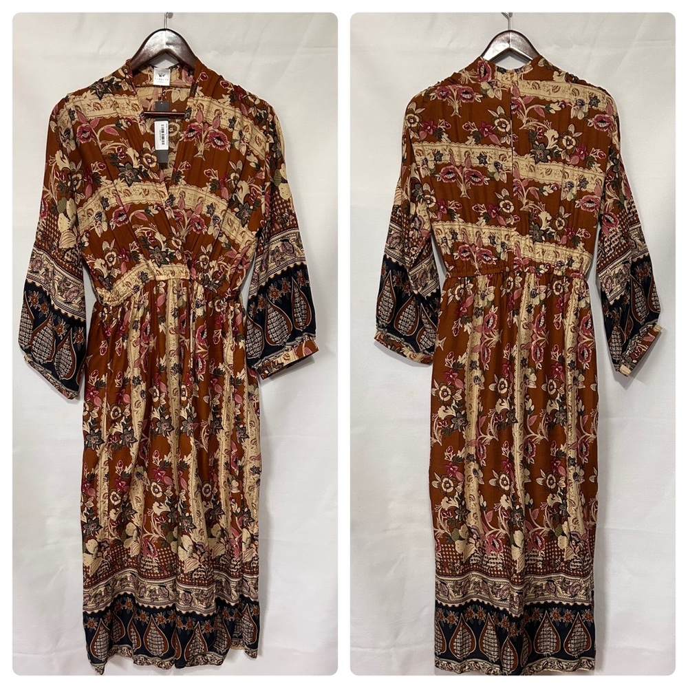 NWT Panache Brown Floral Kimono Long Wrap Dress Size M